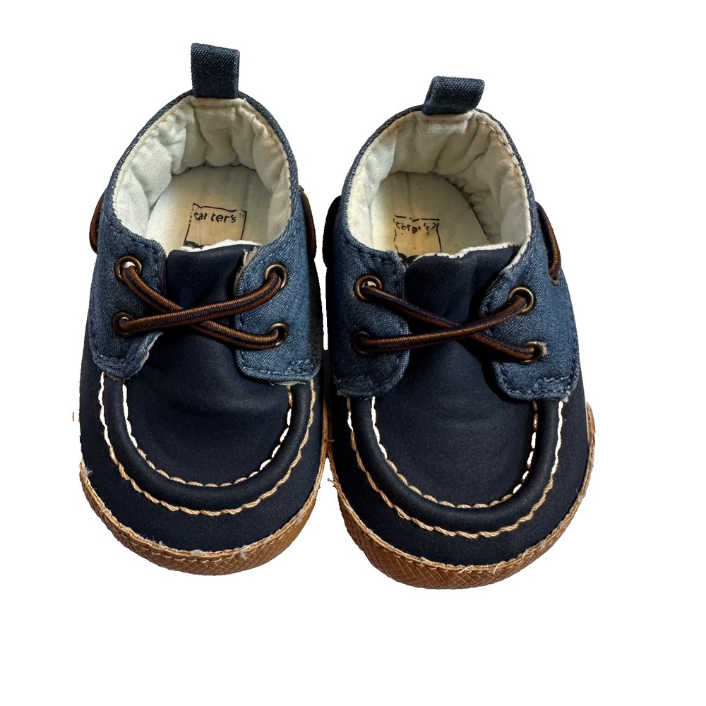 Baby Boy Carters Blue Chambray Boat Crib Shoes 0-3M Newborn Elastic Laces